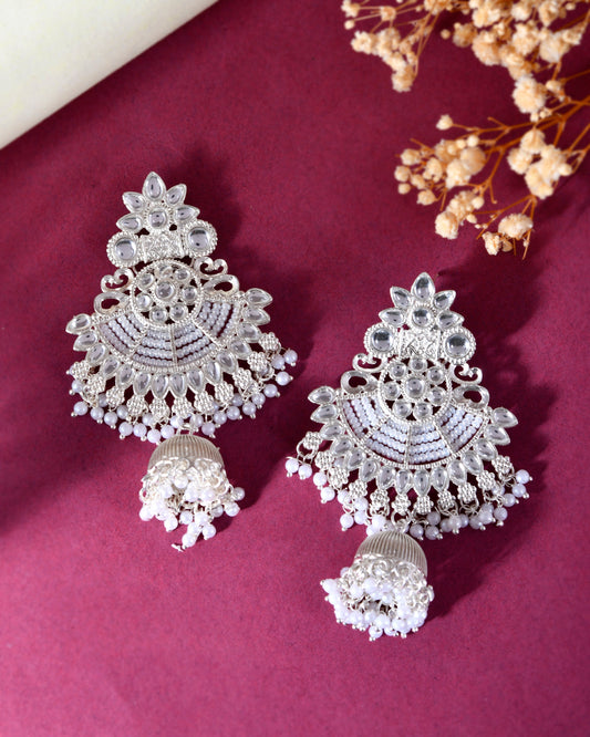 VOJ Silver plated Kundan Contemporary Jhumka Earrings - Swadesiicart