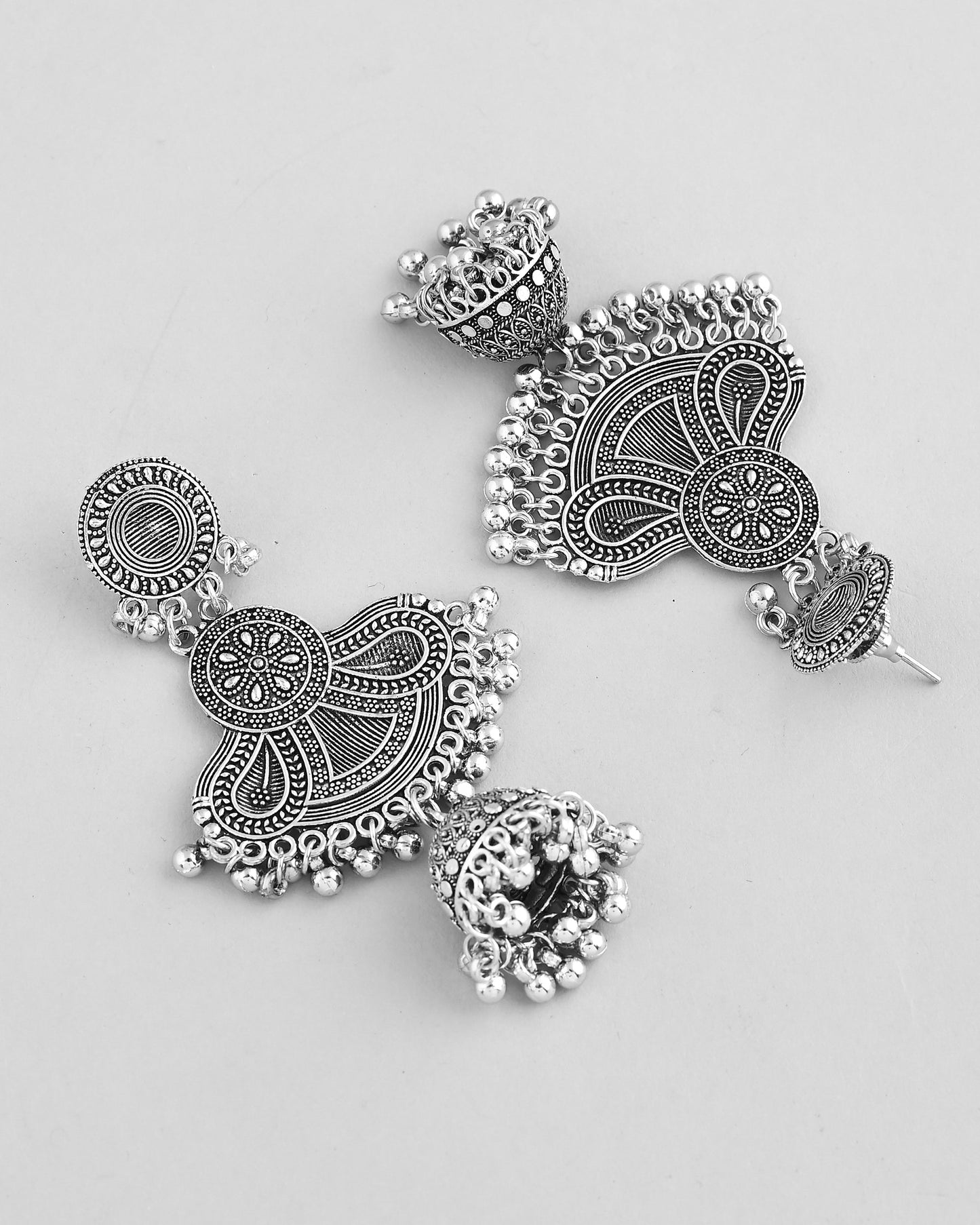 VOJ Silver plated Oxidized Contemporary Jhumka Earrings - Swadesiicart