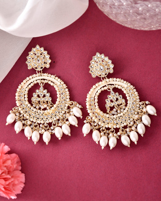 VOJ Gold-Polished Kundan Studded White ChandBali Earrings - Swadesiicart