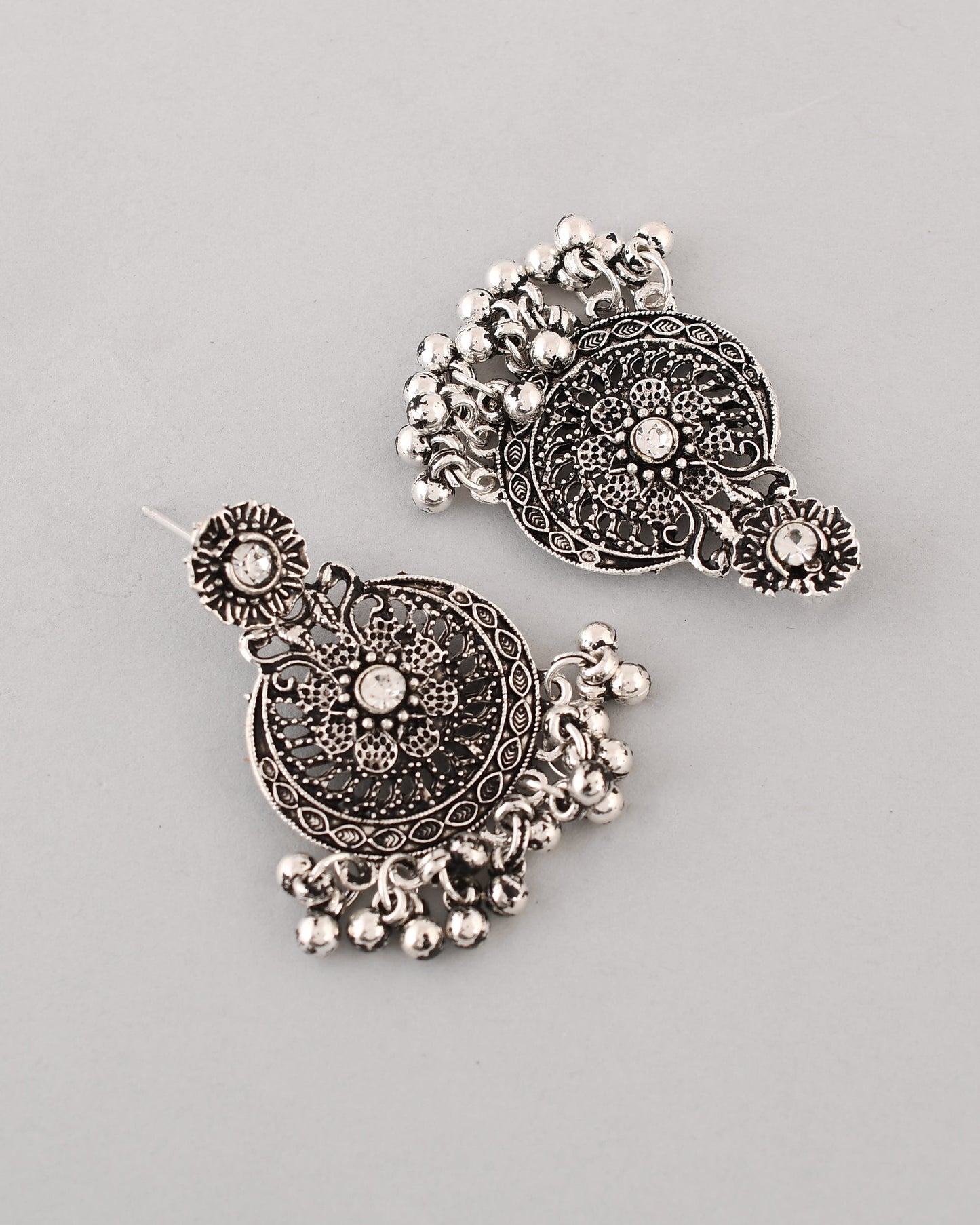 VOJ Silver Plated Floral Oxidized Long Necklace & Earrings - Swadesiicart