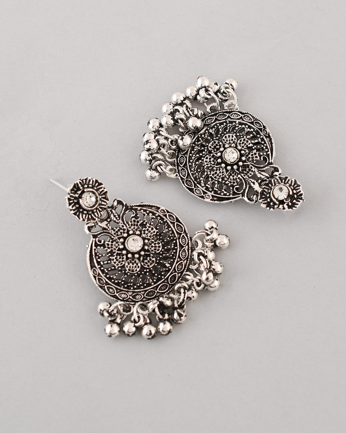 VOJ Silver Plated Floral Oxidized Long Necklace & Earrings