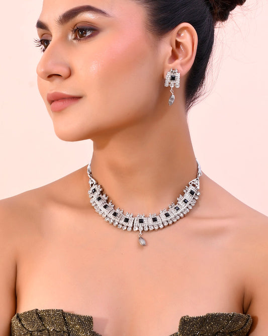VOJ Silver Plated Black Stone Studded Oxidized Jewellery Set - Swadesiicart