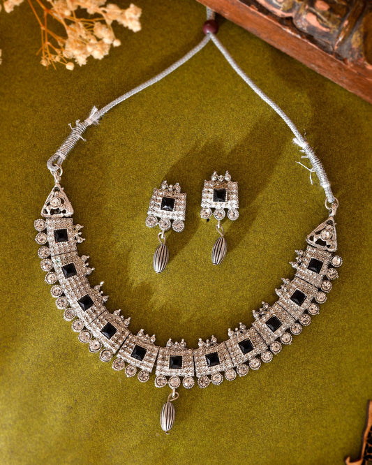 VOJ Silver Plated Black Stone Studded Oxidized Jewellery Set - Swadesiicart