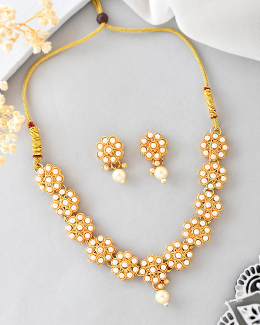 VOJ Gold-Polished Pearl Studded Floral Necklace And Earrings - Swadesiicart