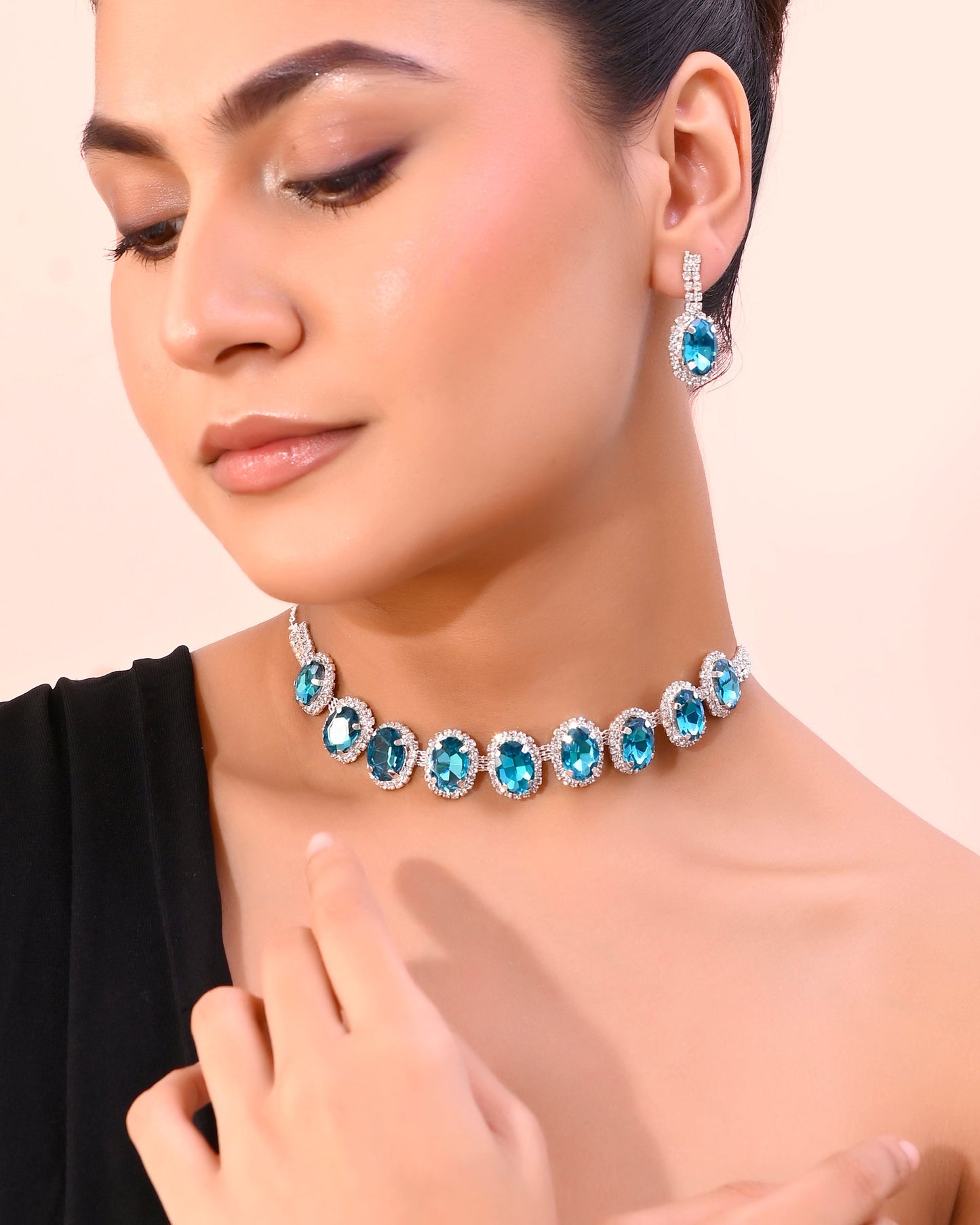 VOJ Silver Plated AD-Stone Studded With Blue Stone Choker Set | Swadesiicart