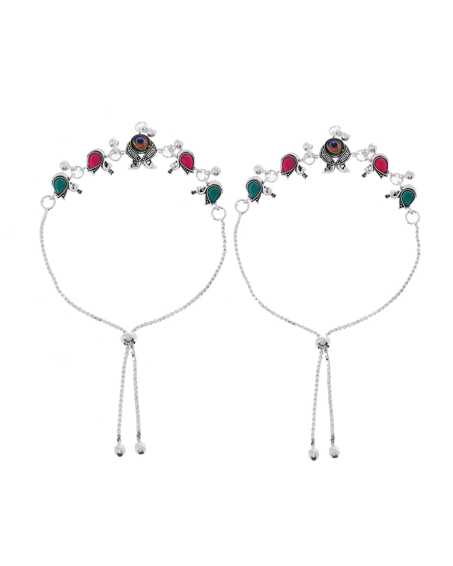 VOJ Set of 2 Silver-Plated Peacock Shaped Stone Studded Anklets - Swadesiicart