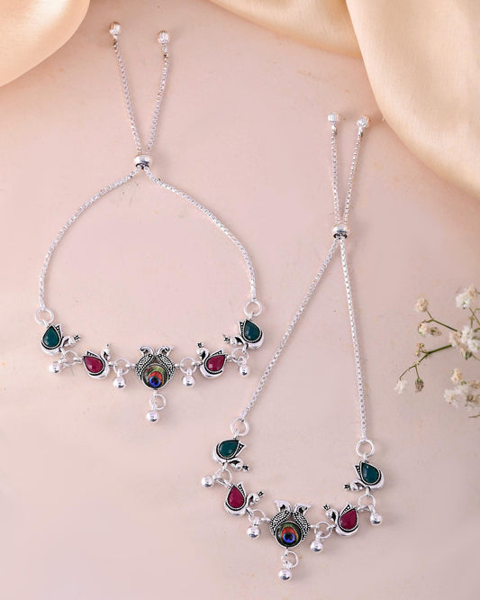 VOJ Set of 2 Silver-Plated Peacock Shaped Stone Studded Anklets - Swadesiicart