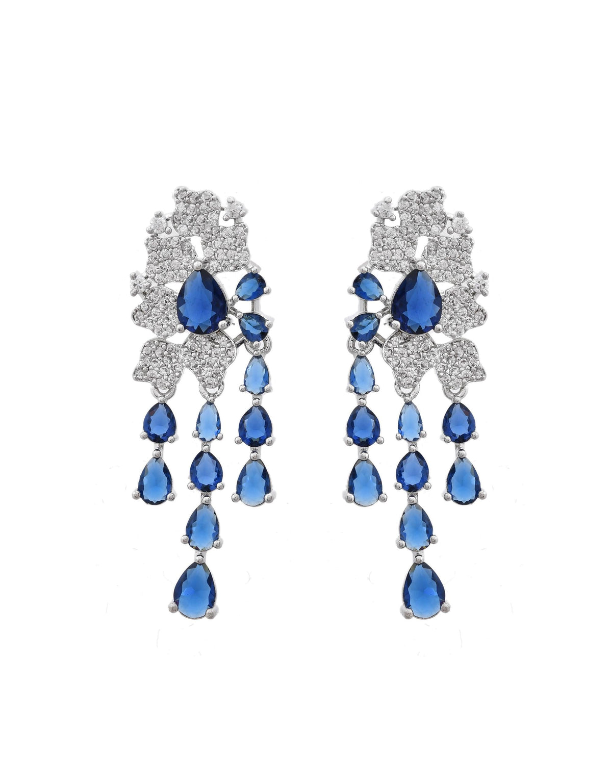 VOJ Silver Plated Ad And Blue Stone Studded Multi Layer Drop Earrings