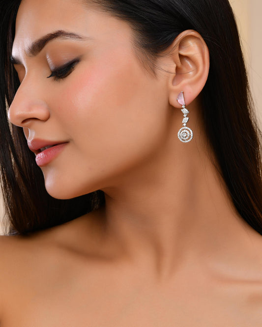 VOJ Silver Plated Pink And Ad Stone Studded Drop Earrings