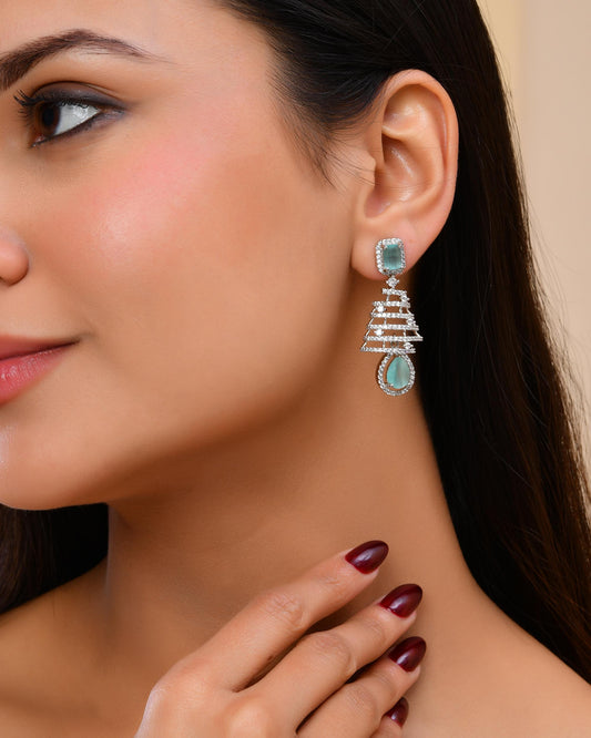 VOJ Silver Plated Mint Green Ad Stone Studded Dome Shaped Earrings