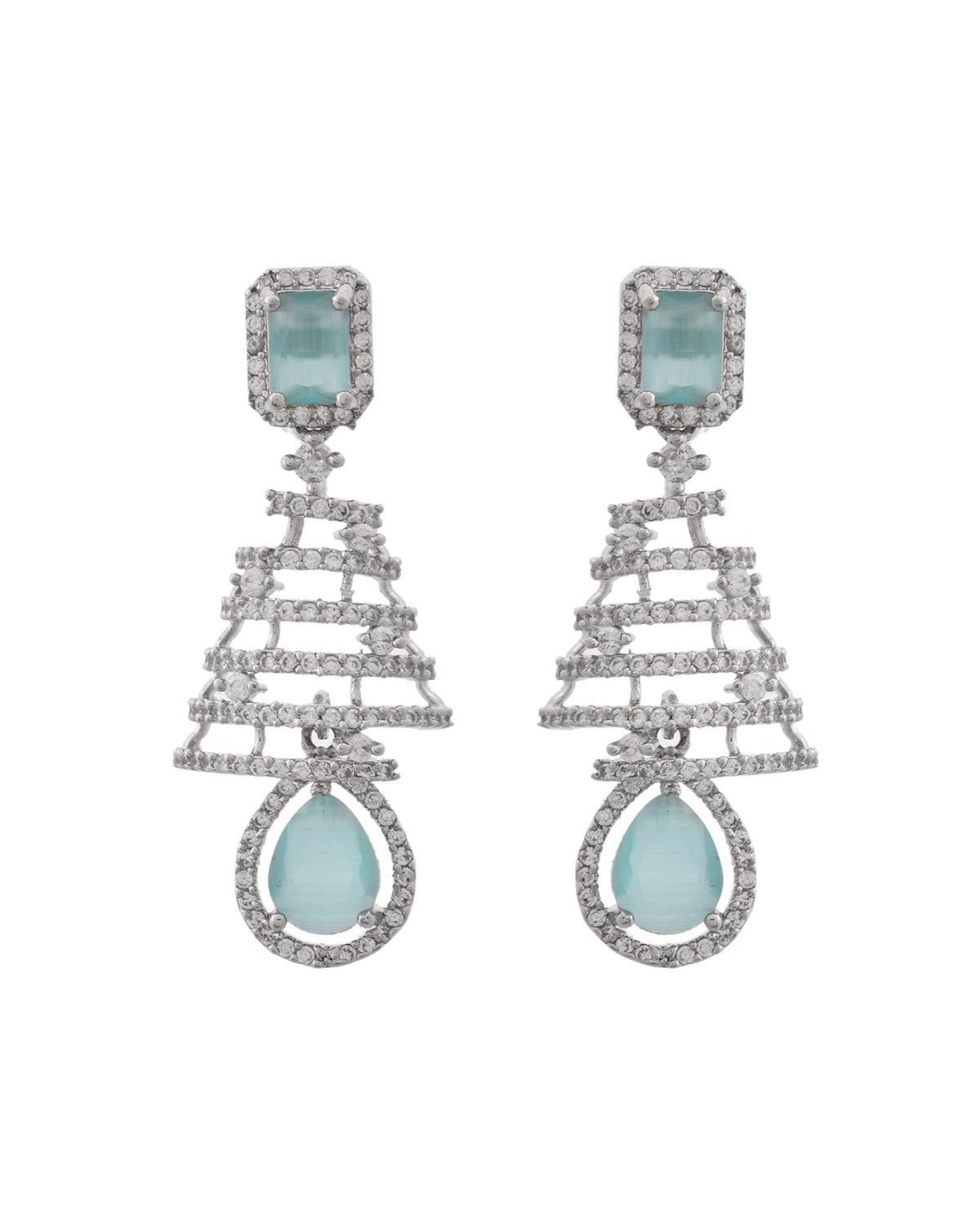VOJ Silver Plated Mint Green Ad Stone Studded Dome Shaped Earrings