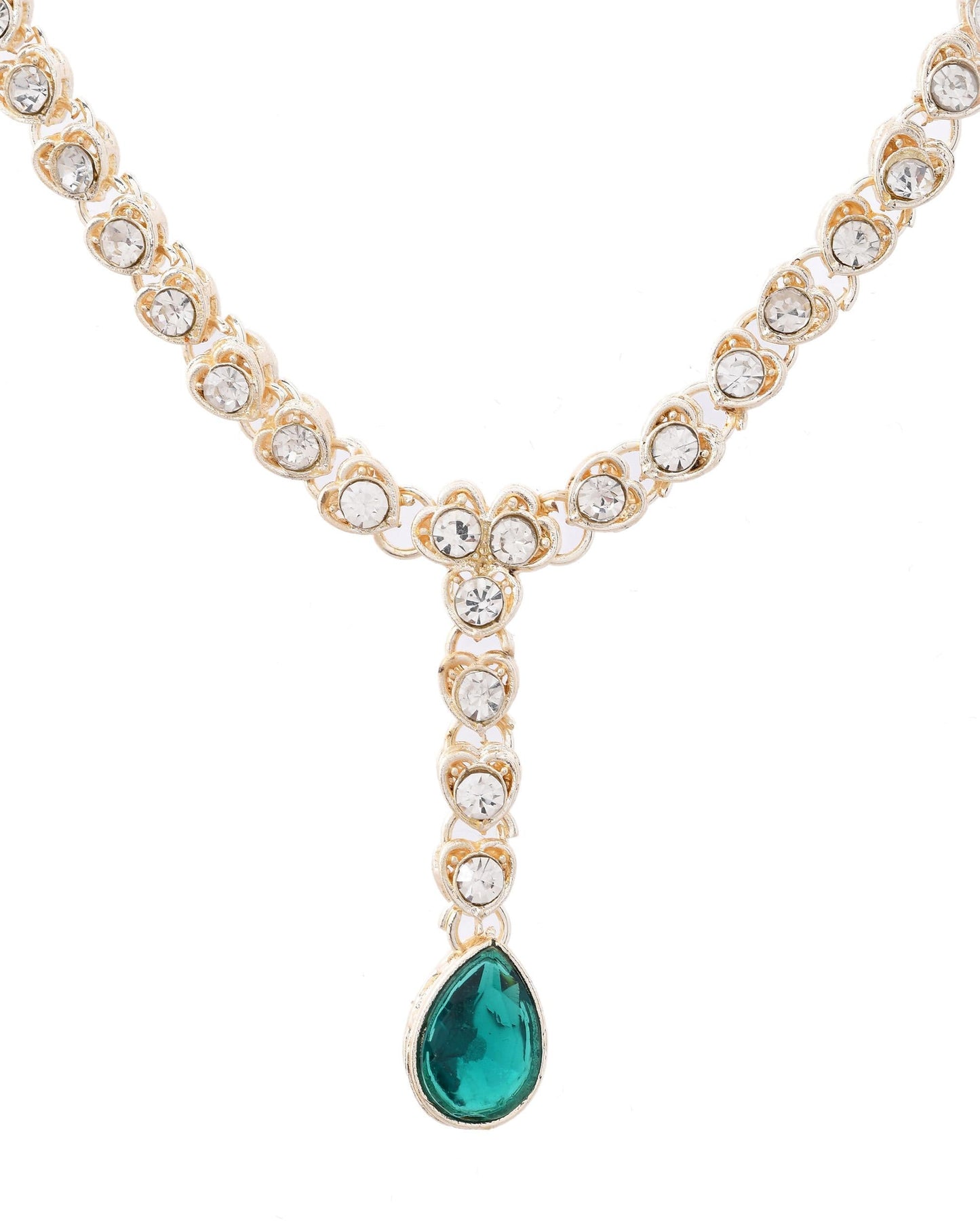 VOJ Silver Plated Green Stone Studded Necklace And Earrings Set - Swadesiicart