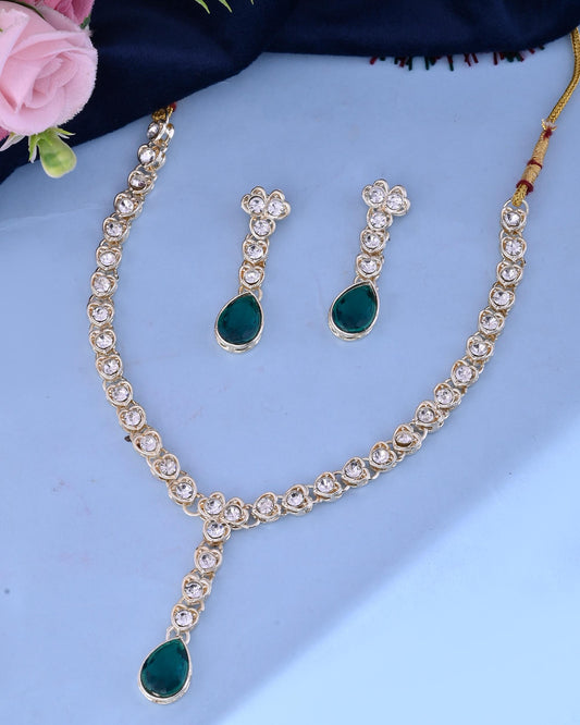 VOJ Silver Plated Green Stone Studded Necklace And Earrings Set - Swadesiicart