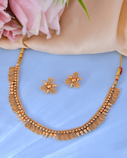 VOJ Gold-Polished Round Designed Necklace With Earrings Set - Swadesiicart
