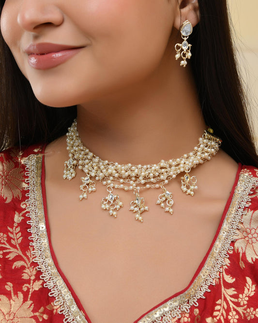 VOJ Gold-Polished Multi Layered Pearl Choker With Earrings Set | Swadesiicart