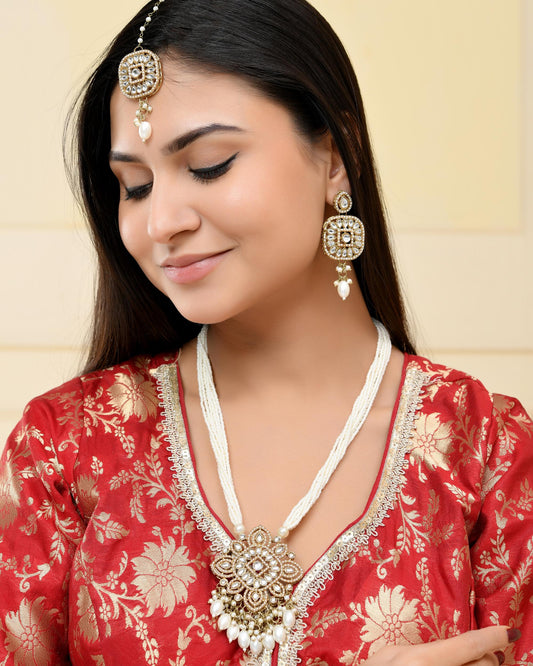 VOJ Gold-Polished Kundan Stone Studded Long Jewellery Set - Swadesiicart