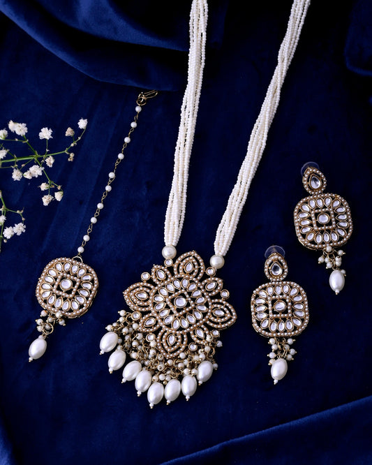 VOJ Gold-Polished Kundan Stone Studded Long Jewellery Set - Swadesiicart