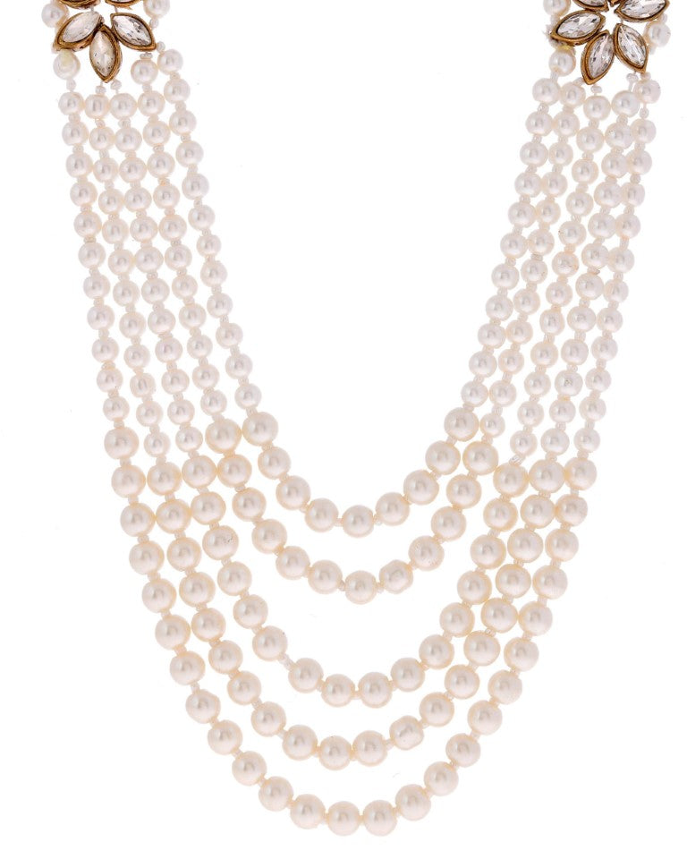 VOJ Pearl And Kundan Studded Long Necklace With Earrings And Maang Tikka Set - Swadesiicart