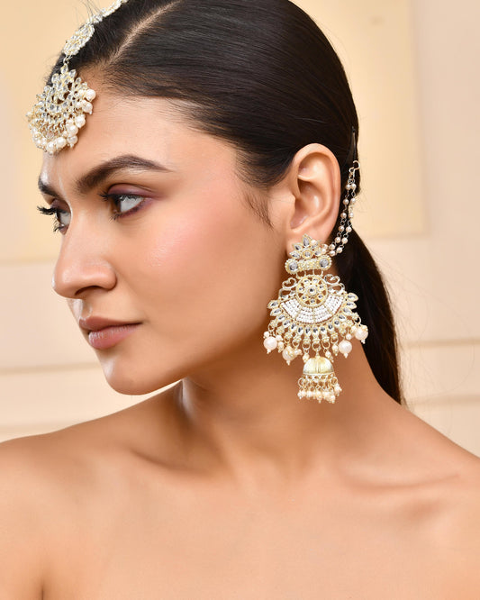 VOJ Gold-Polished Kundan Studded Earrings with Maang Tikka - Swadesiicart