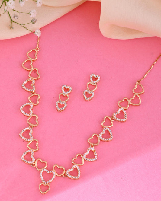VOJ Ad Stone Studded Heart Shaped Designer Gold-Polished Jewellery Set - Swadesiicart