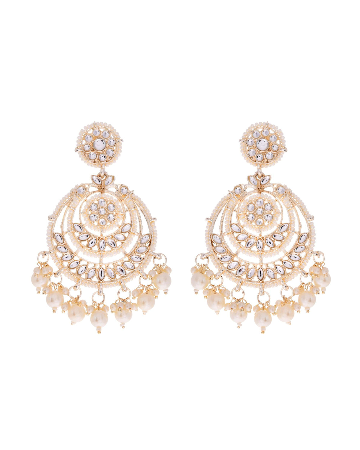 VOJ Gold-Polished Kundan And Pearl Studded Circular Earrings