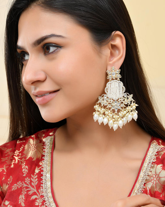 VOJ Gold-Polished Kundan Studded Pearl Drop Earrings
