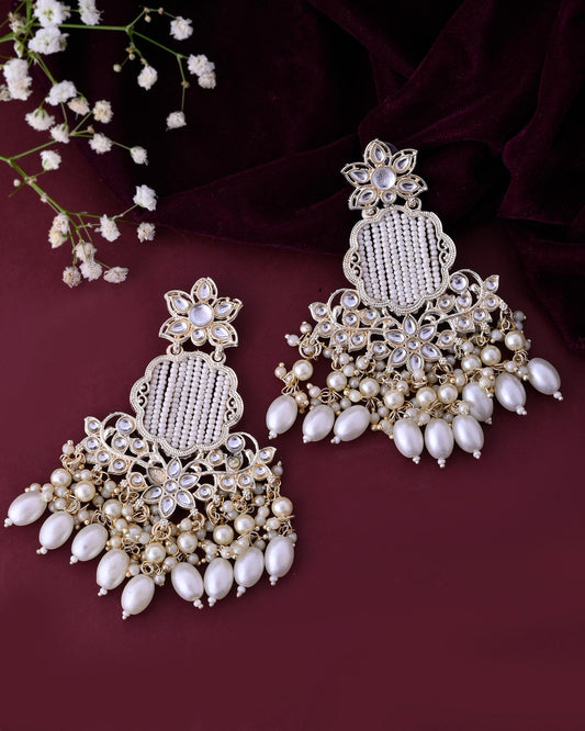 VOJ Gold-Polished Kundan Studded Pearl Drop Earrings - Swadesiicart