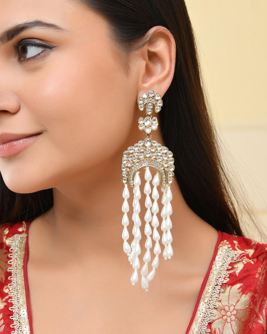 VOJ Kundan Studded White Pearl Long Drop Earrings - Swadesiicart