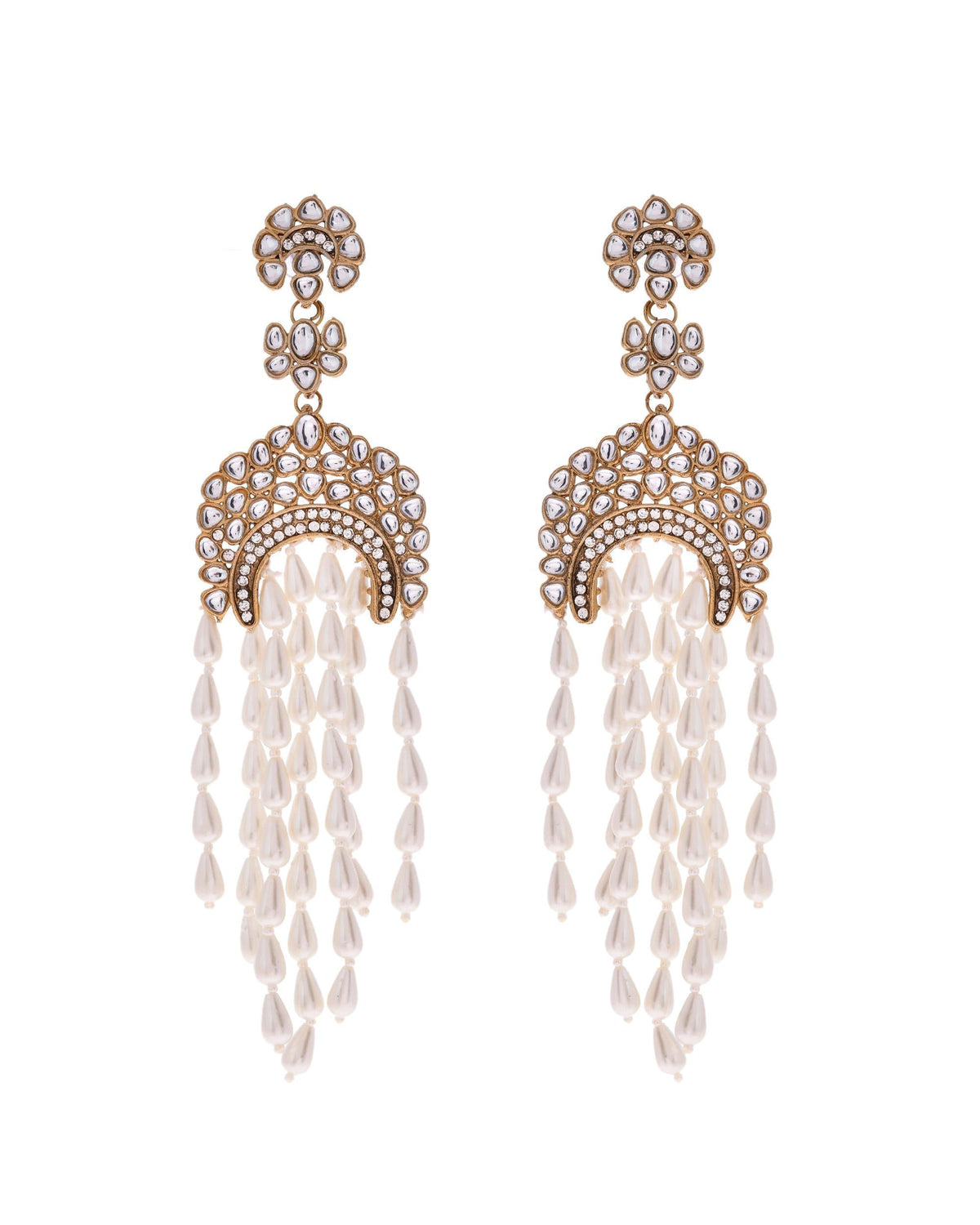 VOJ Kundan Studded White Pearl Long Drop Earrings