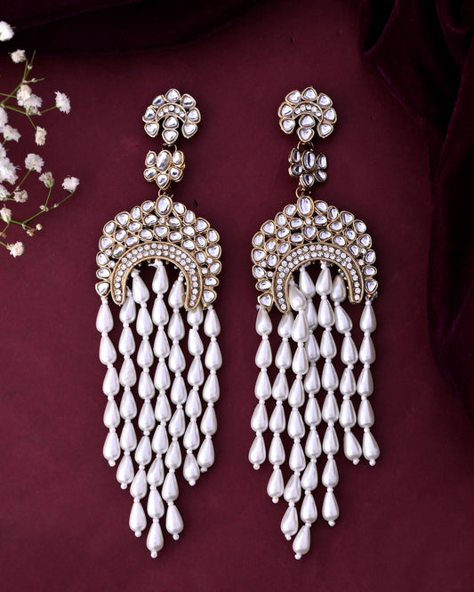 VOJ Kundan Studded White Pearl Long Drop Earrings - Swadesiicart
