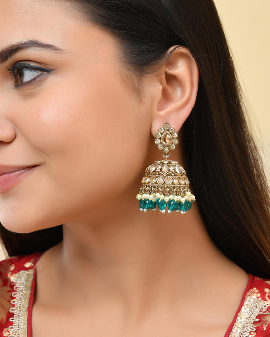 VOJ Gold-Polished Stone Studded Dome Shaped Jhumkas