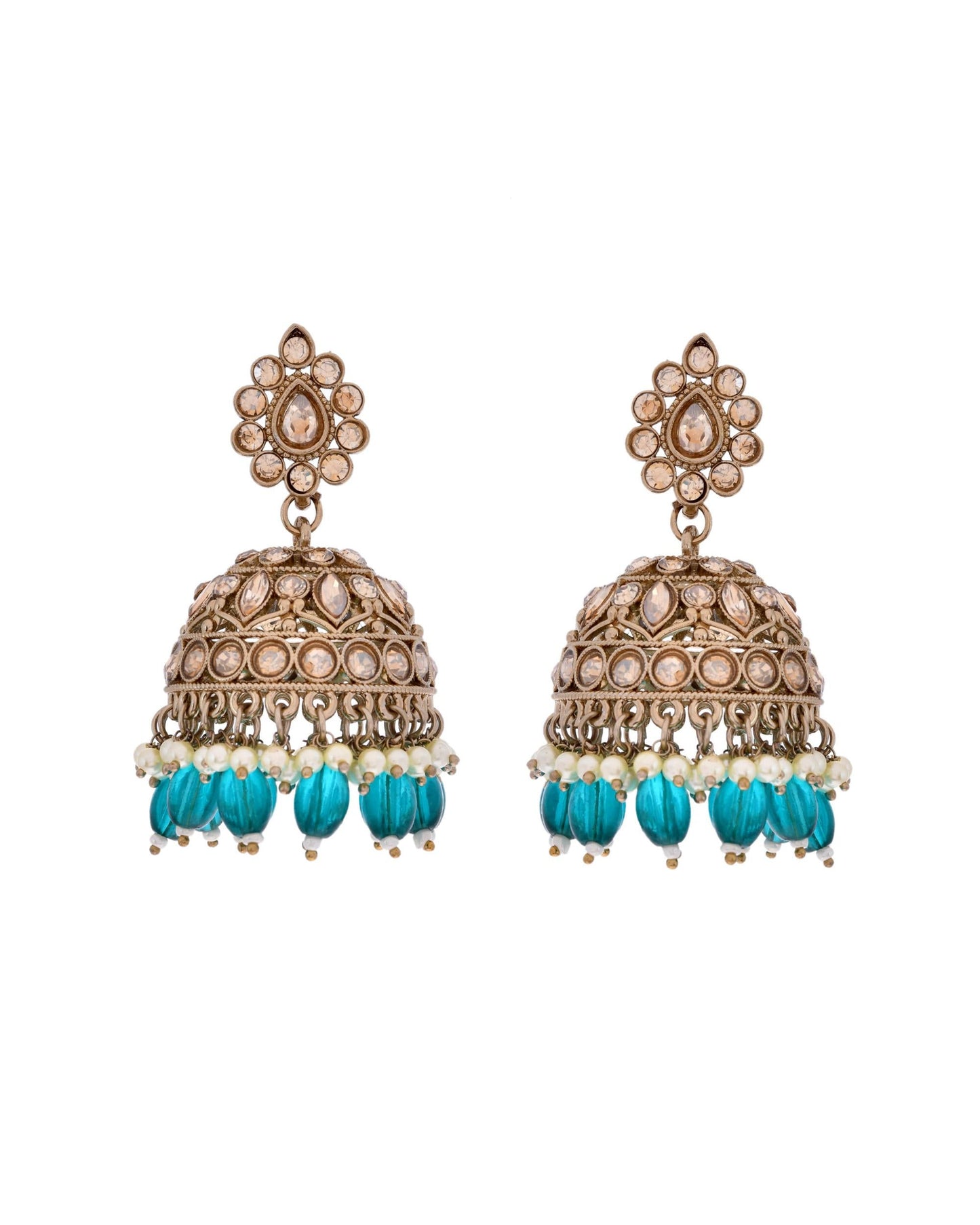 VOJ Gold-Polished Stone Studded Dome Shaped Jhumkas - Swadesiicart