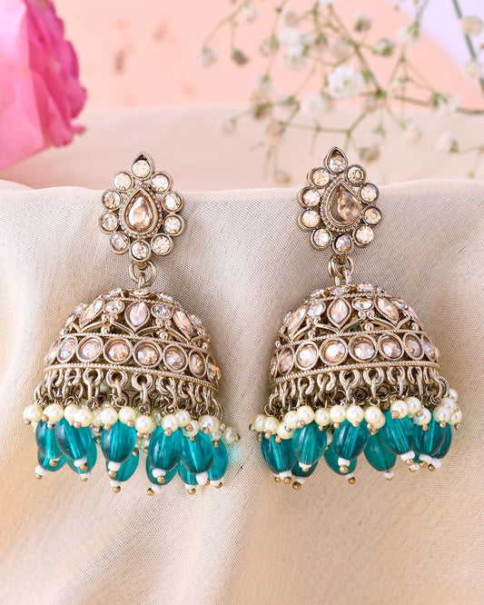 VOJ Gold-Polished Stone Studded Dome Shaped Jhumkas
