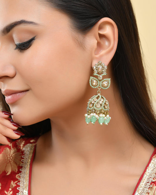 VOJ Mint Green Stone Studded Gold-Polished Jhumkas - Swadesiicart