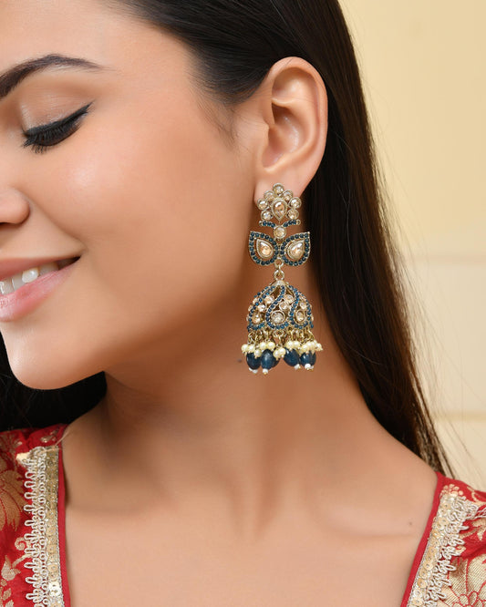 VOJ Blue Stone Studded Gold-Polished Jhumkas