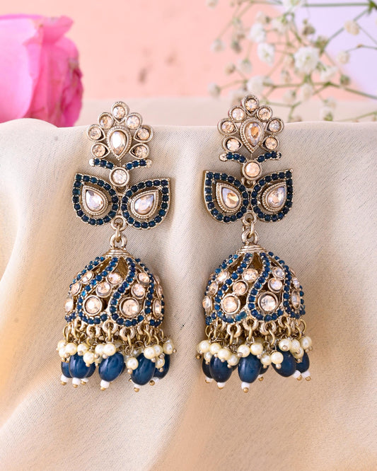 VOJ Blue Stone Studded Gold-Polished Jhumkas