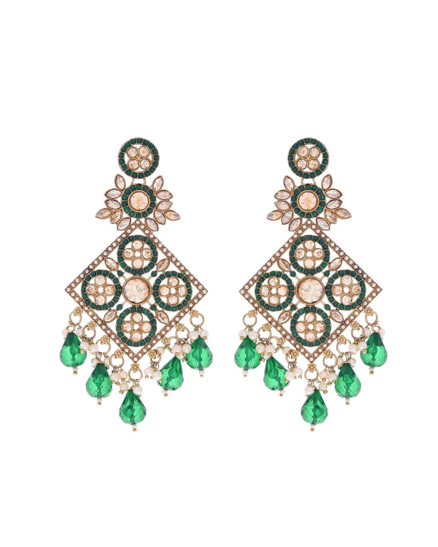 VOJ Green Stone Studded Gold-Polished Square Shaped Earrings - Swadesiicart