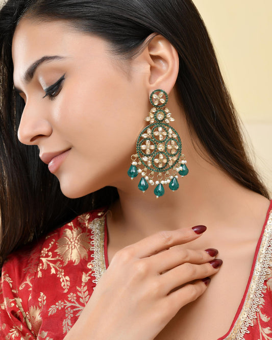 VOJ Teal Green Stone Studded Gold-Polished Circle Shaped Earrings