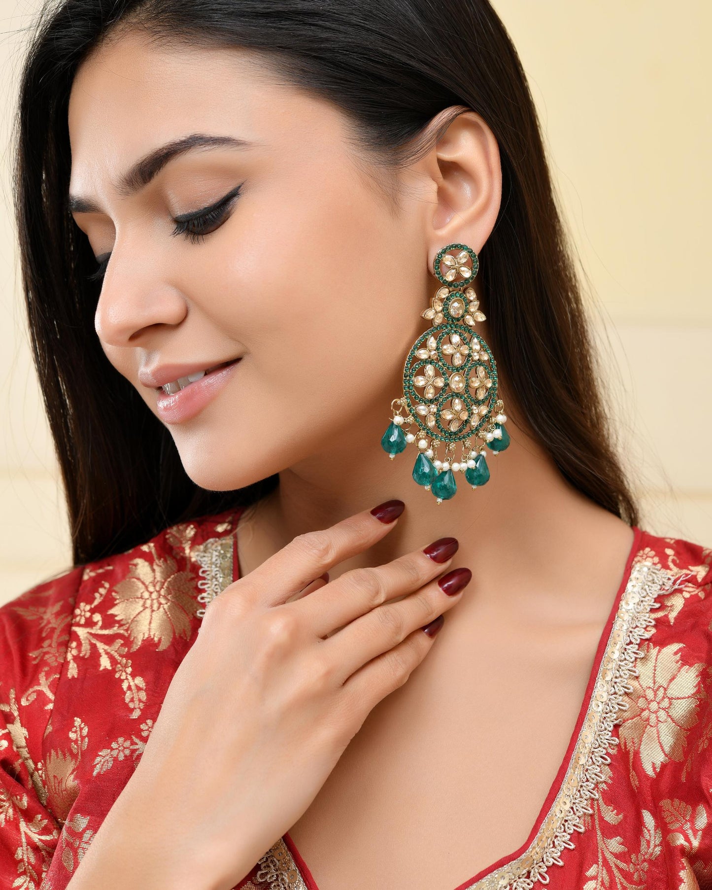 VOJ Teal Green Stone Studded Gold-Polished Circle Shaped Earrings - Swadesiicart