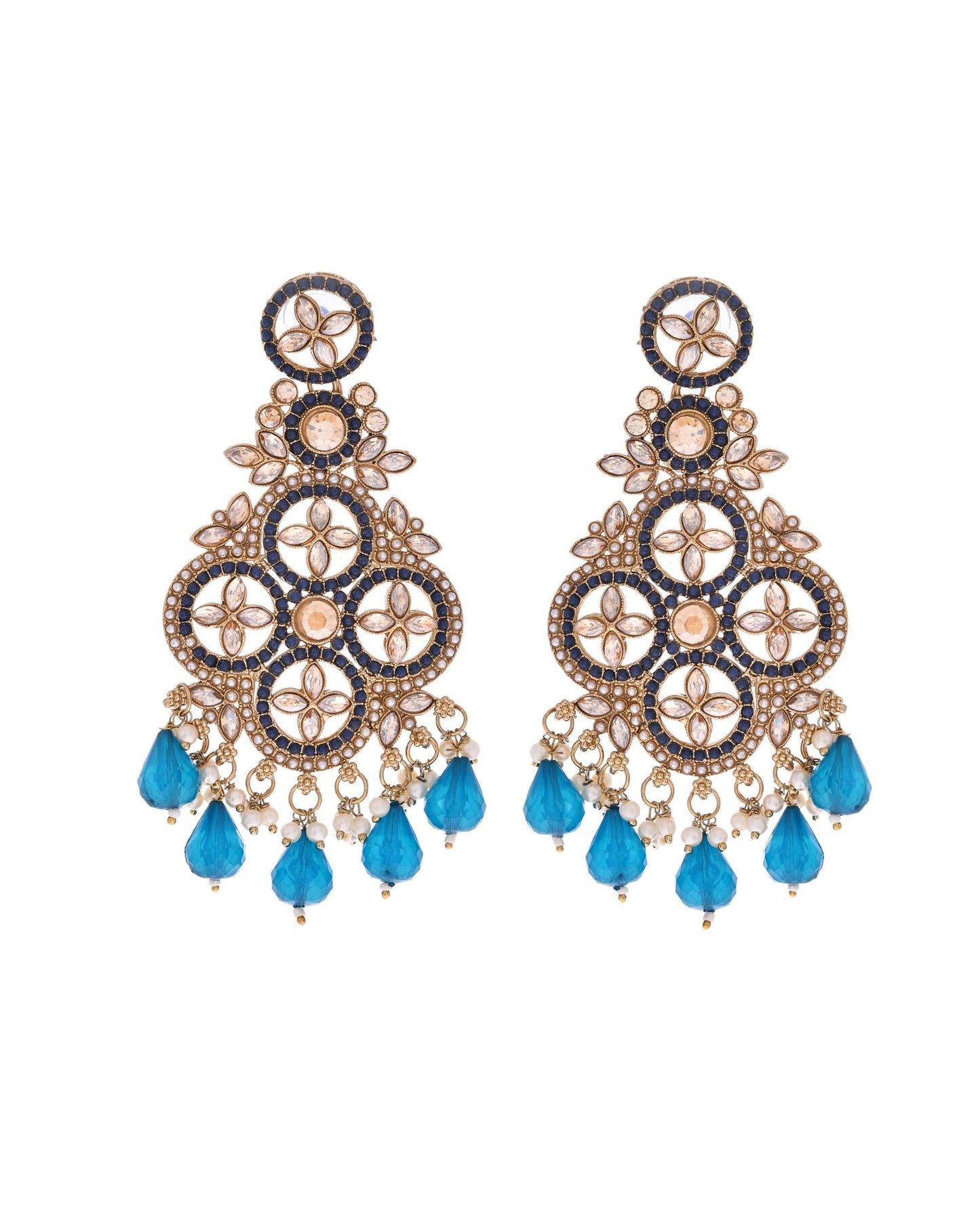 VOJ Blue Stone Studded Gold-Polished Crescent Shaped Earrings - Swadesiicart