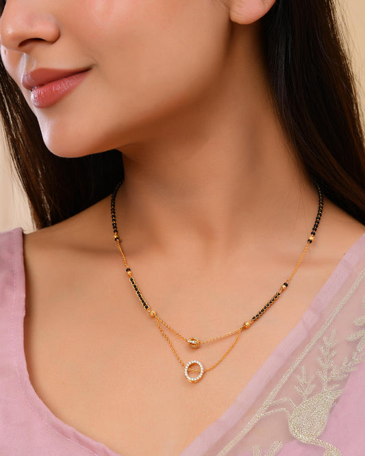 VOJ Gold-Polished Ad Studded Oval Shaped Mangalsutra - Swadesiicart