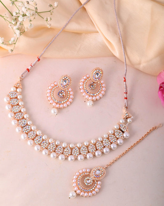 VOJ Gold-Polished Stone And White Beaded Choker Jewellery Set With Maang Tikka | Swadesiicart