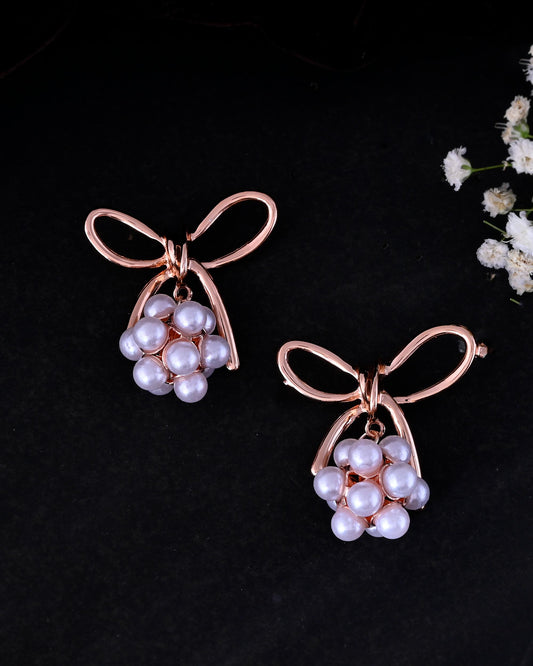 VOJ Rose Gold-Polished Pearl With Bow Shaped Designer Earrings
