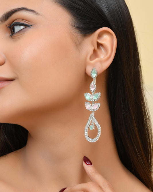 VOJ Silver-Toned Mind Green And Pink Teardrop Shaped Drop Earrings - Swadesiicart