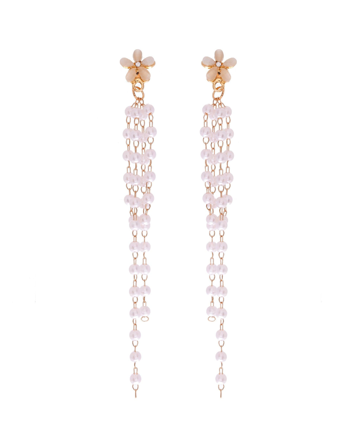 VOJ Gold-Polished Flower Stone Studded & Beaded Acrylic Drop Earrings