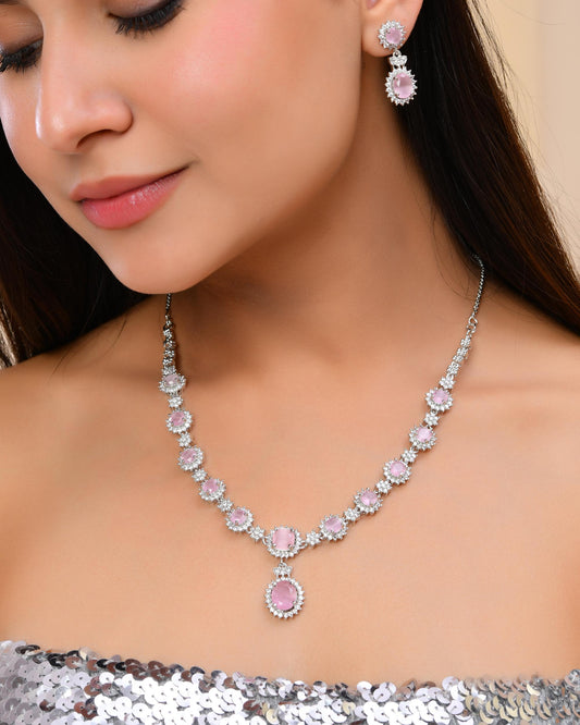 VOJ Baby Pink Ad Stone Studded Silver Plated Jewellery Set - Swadesiicart