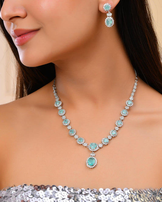 VOJ Silver Plated Sea Green Ad Studded Designer Jewellery Set - Swadesiicart