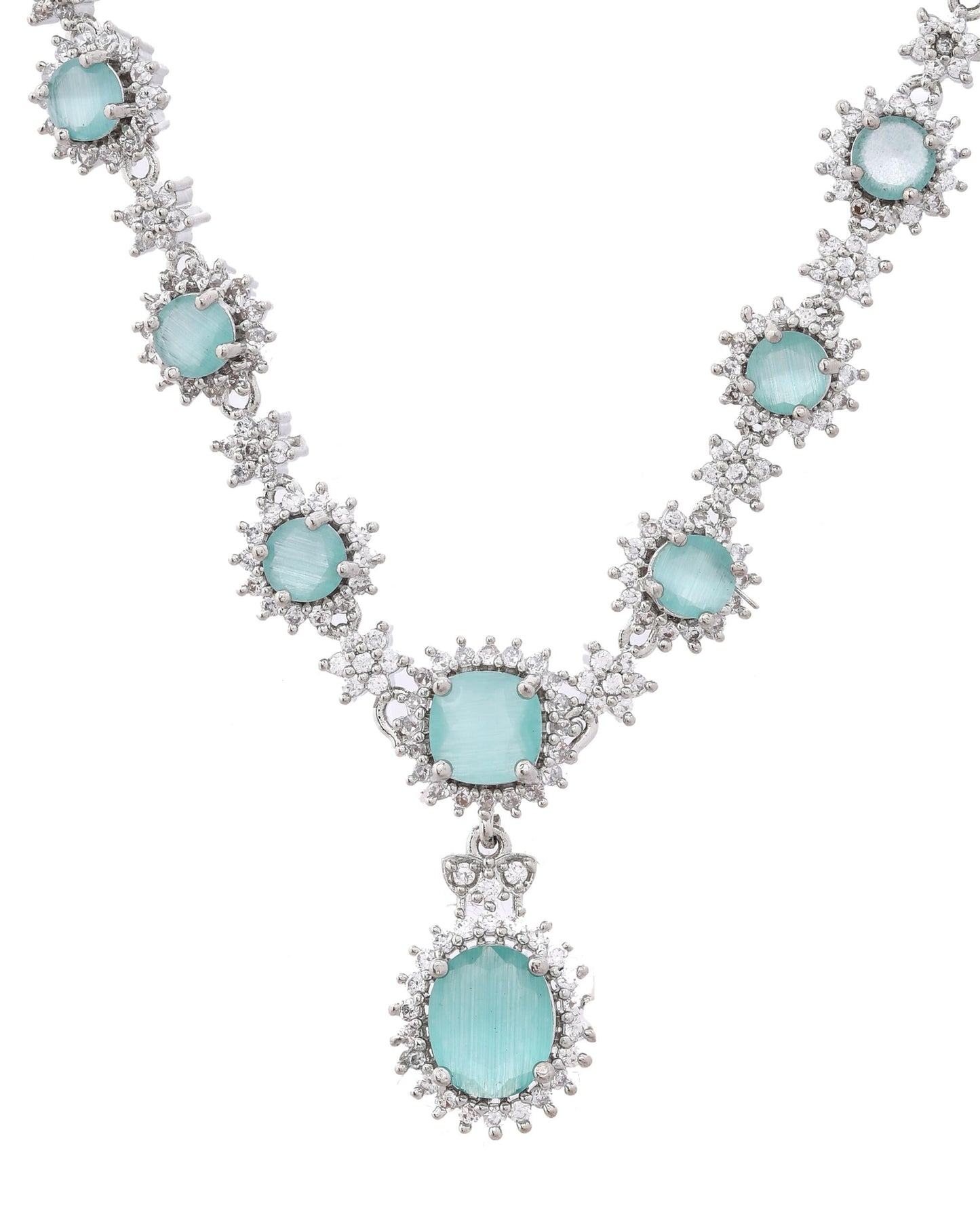 VOJ Silver Plated Sea Green Ad Studded Designer Jewellery Set - Swadesiicart