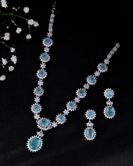 VOJ Silver Plated Sea Green Ad Studded Designer Jewellery Set - Swadesiicart