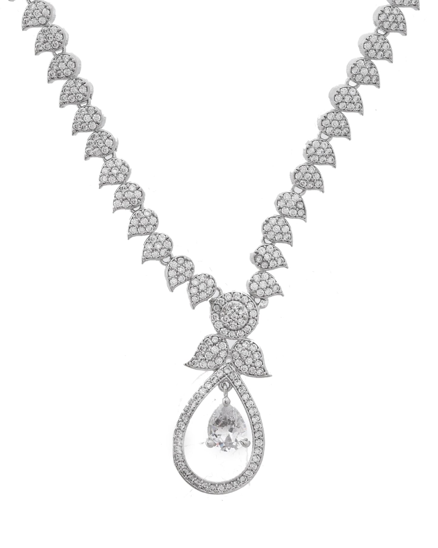 VOJ Silver Plated Ad Studded Designer Necklace With Earrings Set - Swadesiicart
